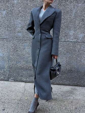 1pc Solid Color Woven Fabric Pocket Button Split Women Jacket, Suitable For Office Wear In Autumn/Winter