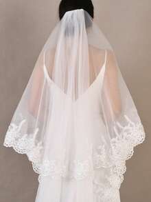 3 Meters Long Lace Edge Double Layer Cathedral Wedding Veil With Comb, Vintage Soft Tulle Bridal Headpiece - 米色 - 查看 3