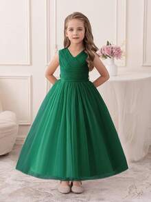 Tween Girl Olive Green Birthday Party Long Dress, Flower Girl Tulle Dress Suitable For Graduation, Prom, Wedding, Christmas - Dark Green - View 7