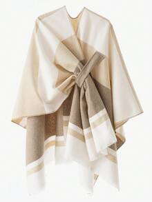 1pc Women Shawl Classic Striped Colorblock Pattern Windproof Buckle Shawl Coat, Fall/Winter Accessories Women - Light Khaki - View 4