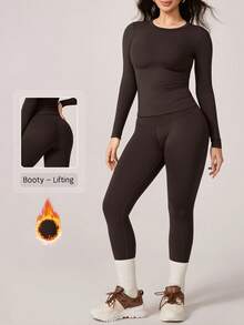 NcmRyu 1 Set Women Fleece Elastic Crew Neck Long Sleeve Tight Fit Pants Sports Suit