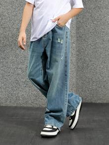 Pantalones vaqueros de pierna ancha de color azul claro para adolescentes, pantalones casuales rectos de verano con efecto desgastado vintage