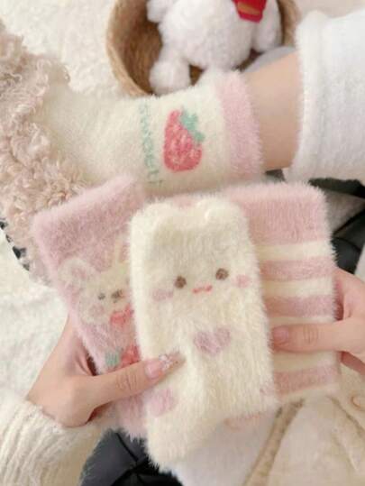 4双装女士加厚保暖卡通动物毛绒粉色中筒袜，适合日常穿着，舒适袜子
