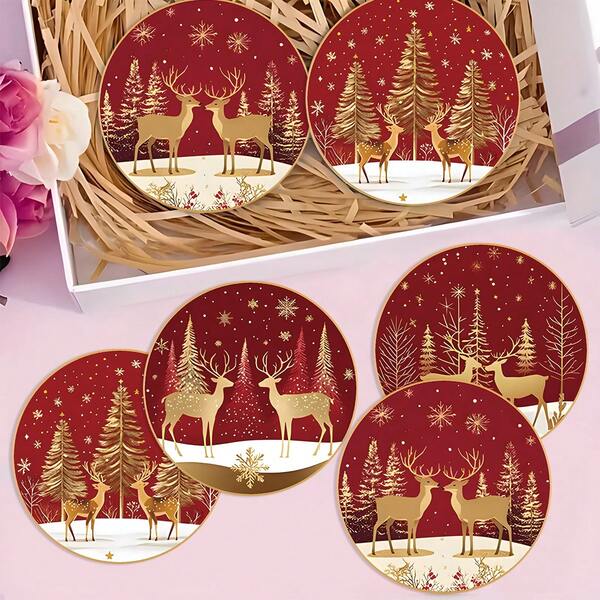 Set de 4 posavasos de madera con diseño de renos navideños, aptos para el hogar, comedor, regalos diarios, decoración de mesa, decoración de fiestas temáticas, posavasos de muñeco de nieve, decoración navideña, decoración estacional, fácil de limpiar, superficie resistente al agua, manteles navideños