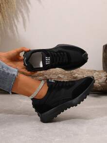 Women's Lightweight Running Sneakers - Lace-Up Closure, Multi-Functional Flat Sole, Breathable Fabric & Faux Leather Material - Pure Black - View 3