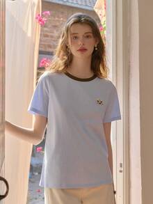 Simple Retro Camiseta de punto de cuello redondo de manga corta con bordado de cachorro lindo y bloques de color para mujer, para primavera y verano