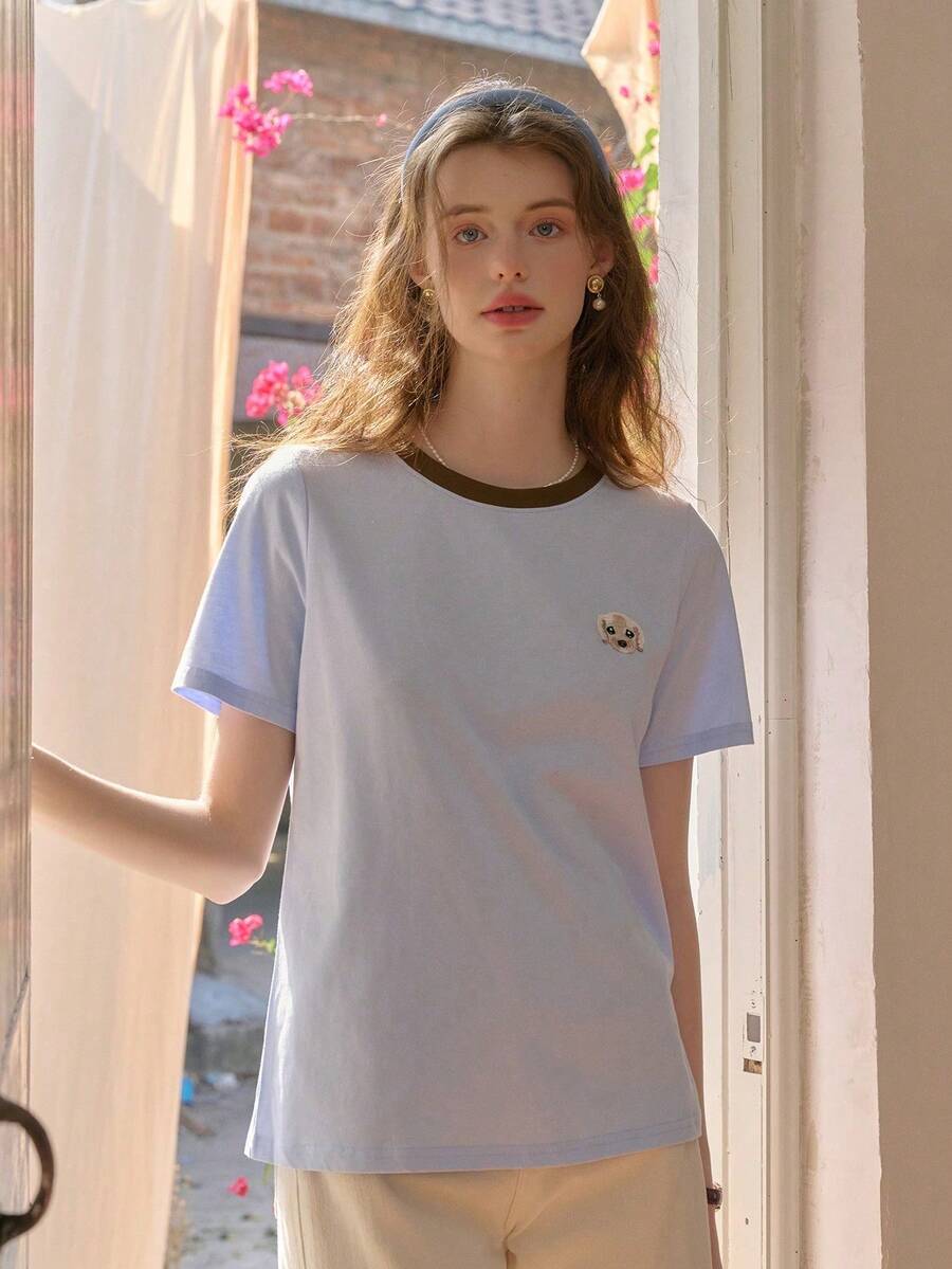 Simple Retro Camiseta de punto de cuello redondo de manga corta con bordado de cachorro lindo y bloques de color para mujer, para primavera y verano