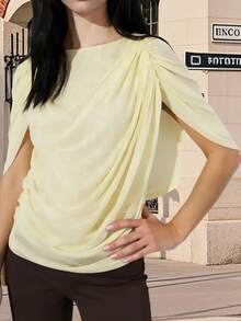 Women Dot Print Cape Tops, Slim Ruched Double-Layered Boat Neck  Summer Shirts - Yellow - View 1