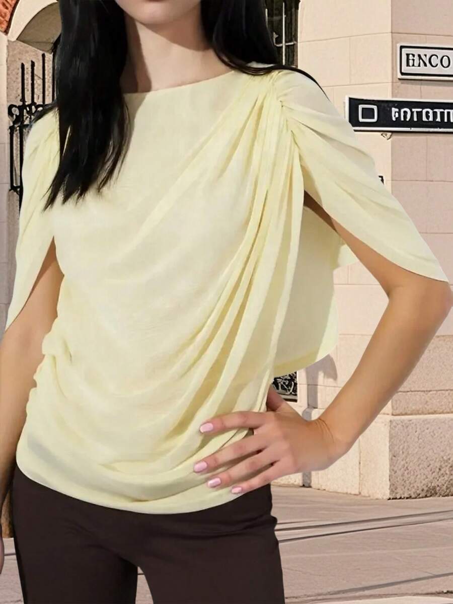 Women Dot Print Cape Tops, Slim Ruched Double-Layered Boat Neck Summer Shirts - Yellow - View 1