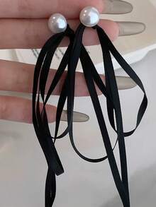 优雅蝴蝶结流苏珍珠长耳环，简约优雅丝带耳环，适合女孩佩戴 - 珍珠蝴蝶結 - 查看 10