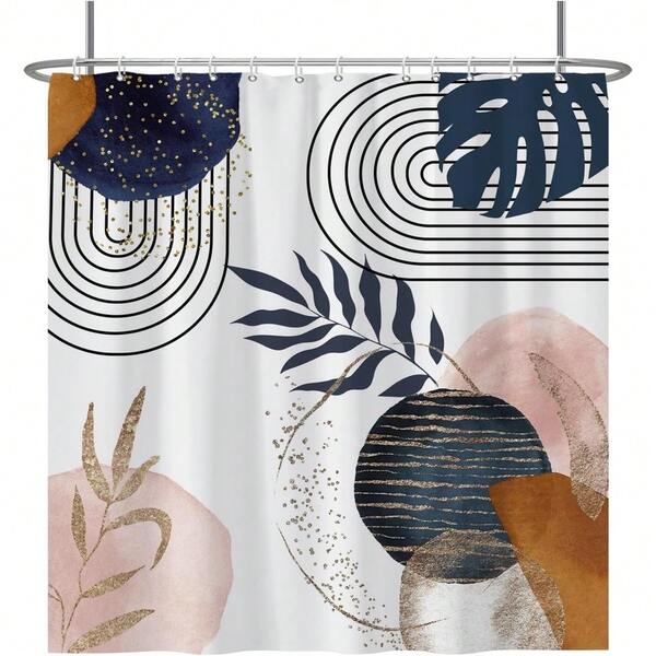 Boho Shower Curtain Mid Century Navy Blue Gold Plant Leaves Modern Abstract Minimalist Shower Curtains Decorative For Bathroom Fabric Shower Curtain With Hooks, Home Decor