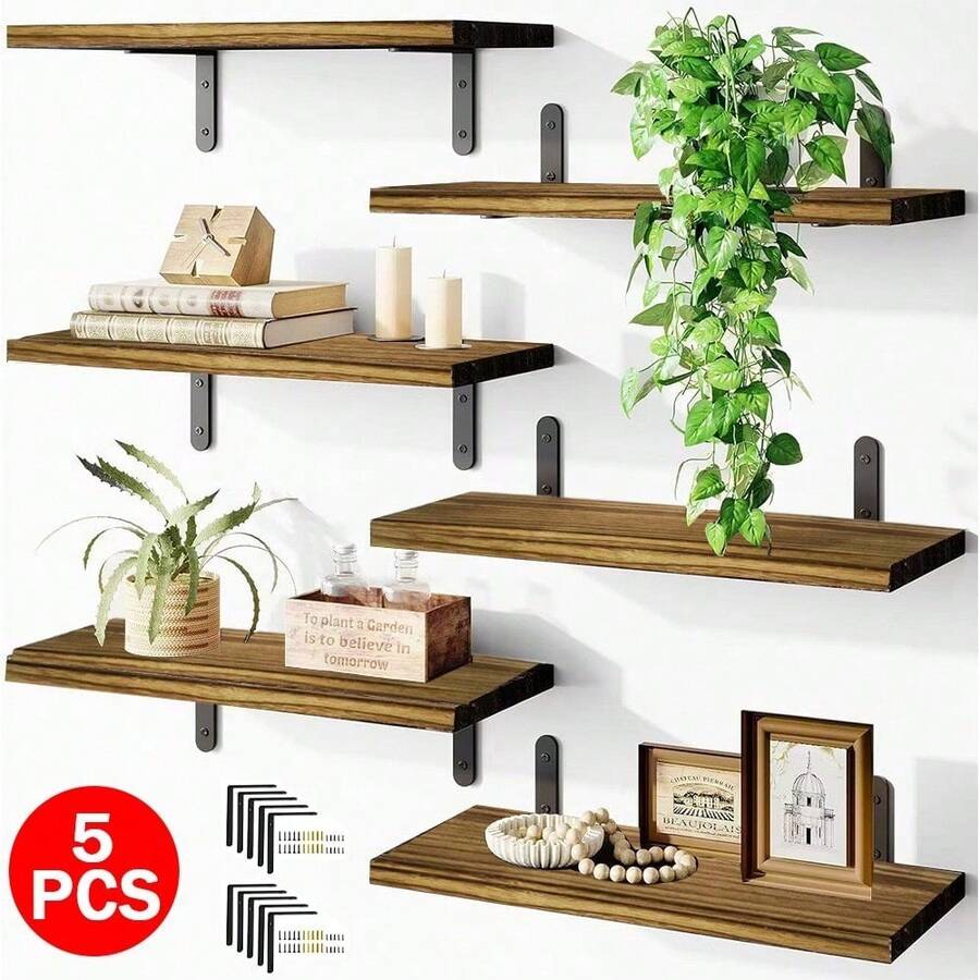 5Piece Rustic Shelves Floating Shelves Wall Mounted Storage Wooden Display Shelf - Default - View 1