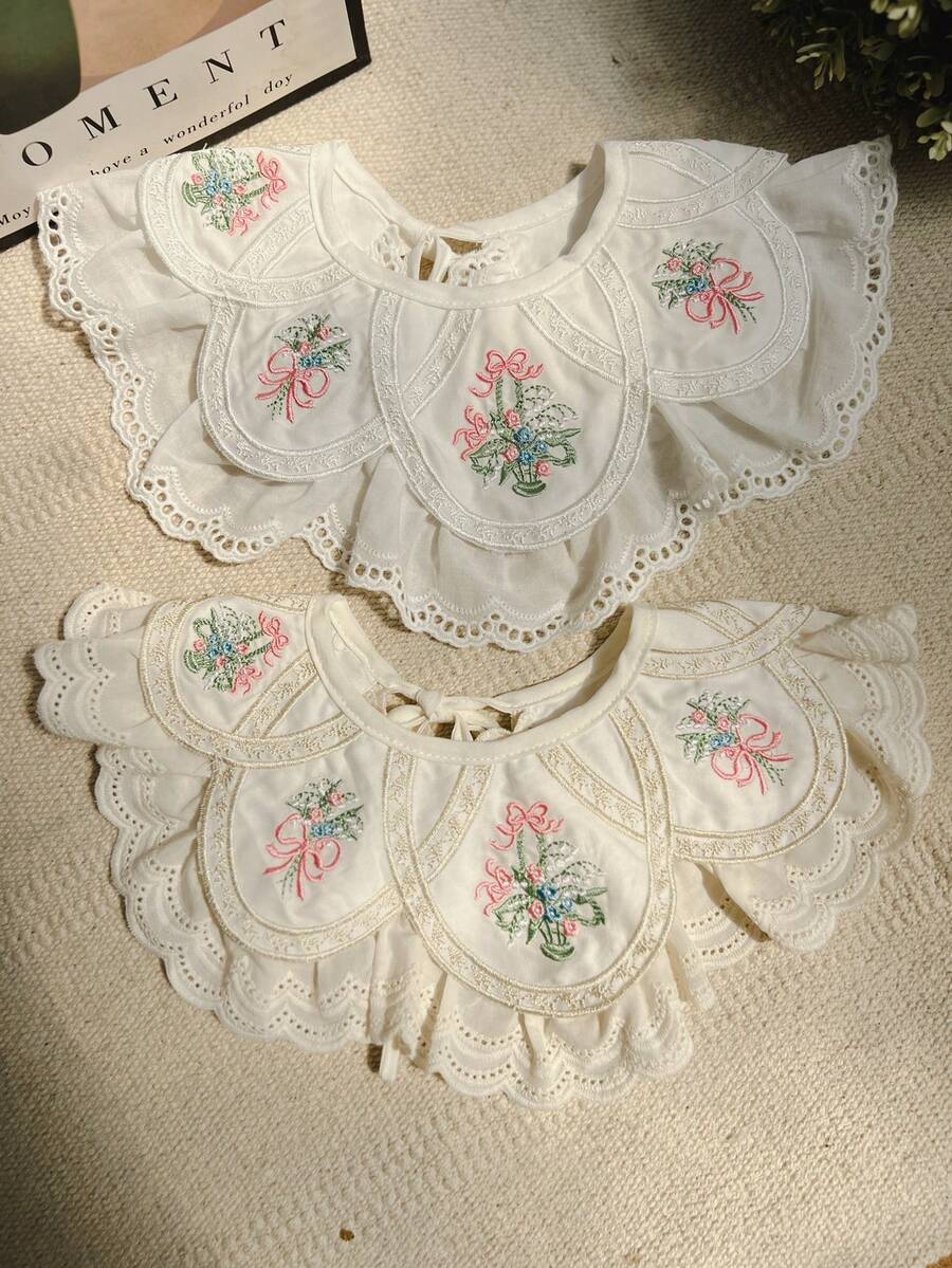 1pc Toddler Girls 1-5Y Ruffled Embroidered Adjustable Bib, Vintage Sweet Style Suitable For Daily Outings, All Seasons