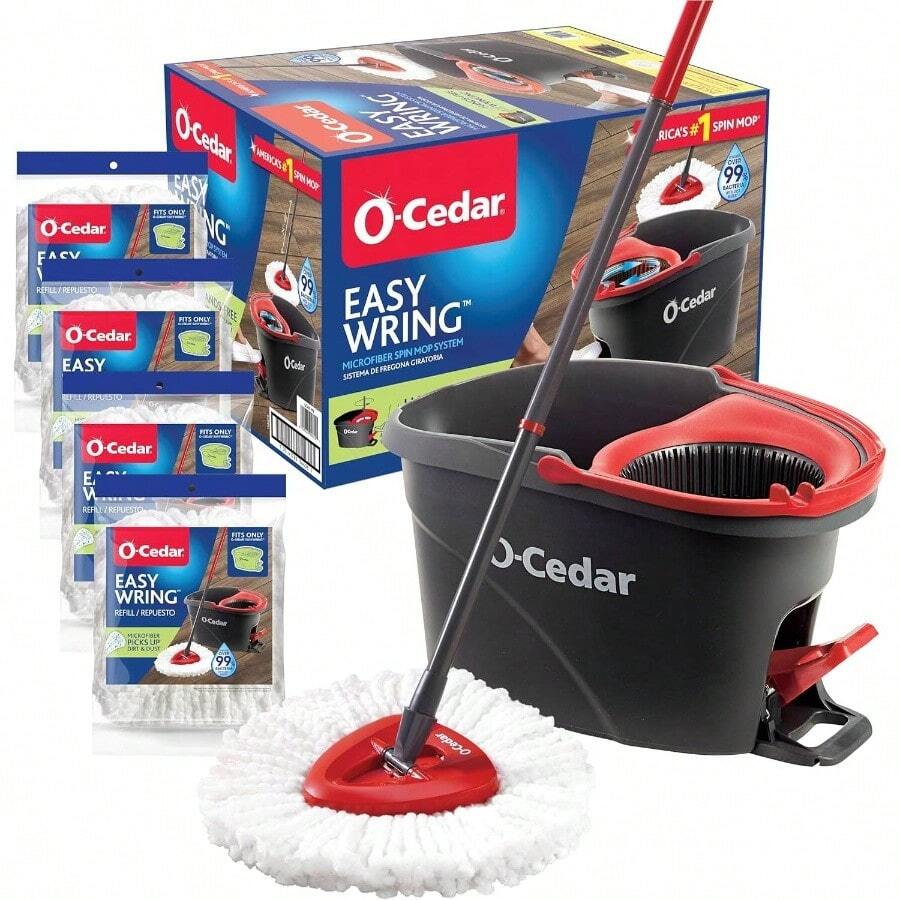 EasyWring Microfiber Spin Mop Bucket Floor Cleaning System+ 2 Refills, RedGray - 旋轉拖把桶(含 4 個額外替換裝) - 查看 1