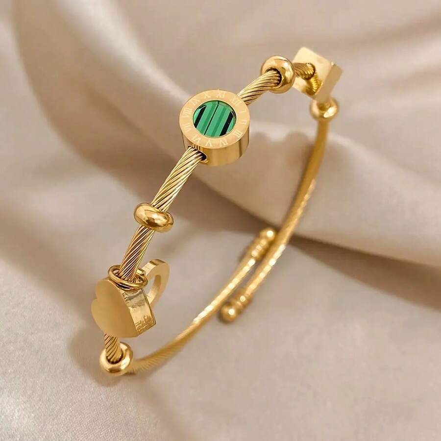 1 Piece Elegant Gold Adjustable Cuff Bracelet, Paired With Green And Black Stone Beads - Stainless Steel, Roman Numeral Design - Suitable For Daily Wear, Parties, Christmas And Valentine's Day Gifts - Màu ảnh - Xem 1