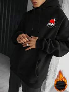 Men's Hoodie, New Autumn/Winter Street Fashion Japanese Style Printed Kangaroo Pocket Sweatshirt - Black - View 2