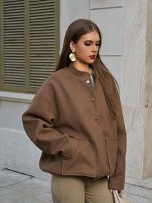 Große Größen Jacke für Damen, modisch minimalistisch schlankmachend, locker sitzend mit Baseball-Kragen, Wollmischung gefüttert, vielseitig für den täglichen Gebrauch, Frühling Herbst Winter - Kaffeebraun - Übersicht 6