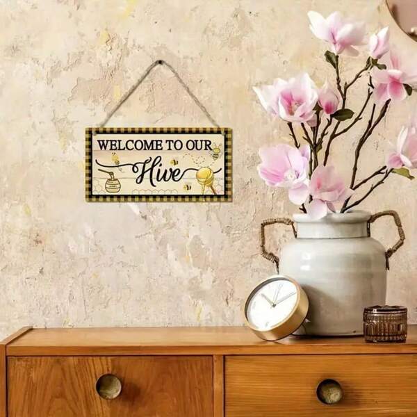 1pc Bee Wooden Sign, Welcome To Our Hive Poster, Hanging Plaque Flat Wall Art Decoration For Porch Garden Courtyard