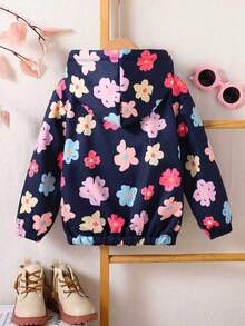 Toddler Floral Print Warm Hooded Jacket - Royal Blue - View 2