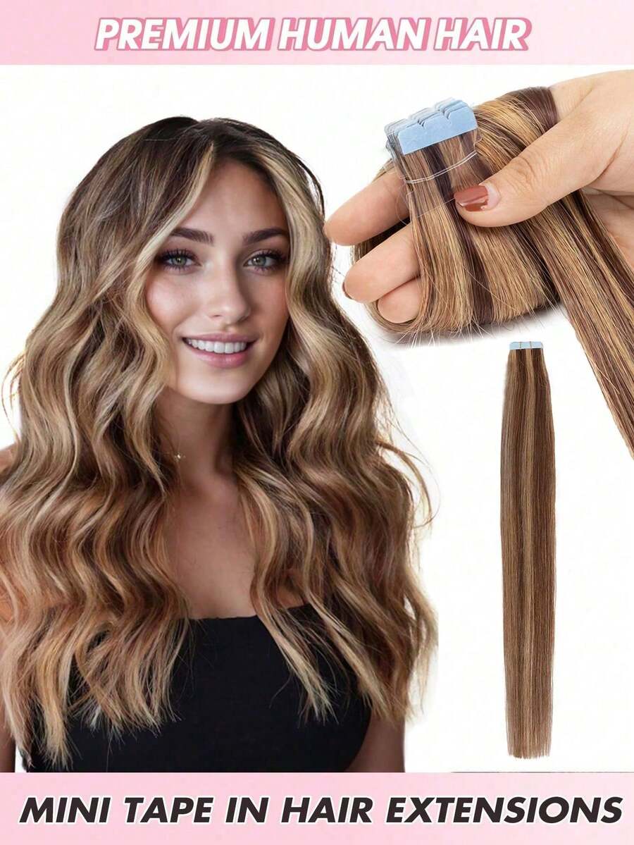 10 Pcs Mini Tape In Hair Extensions Human Hair Color 4/27 Chocolate Brown To Caramel Blonde 14-22 Inch Remy Human Hair Invisible Tape In Hair Extensions - S4/27 - Ver 1