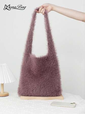 Autumn/Winter New Retro Large Capacity Faux Fur One Shoulder Bag, Women's Minimalist Crocheted Knit Tote Bag,Fuzzy, Soft, Plush, Fluffy Floral Shoulder Tote Bag For Girls, Women, College Students, Rookies & White-Collar Workers For Work, Office, Commute, For Autumn & Winter, Warm Winter,Flurry Girls Shoulder Bag, Women's Handbag For Daily Shopping, Work