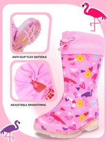 Girls Pink Flamingo Rain Boots With Drawstring, Waterproof Easy-On Boots For Outdoor Play - 粉色 - 查看 2