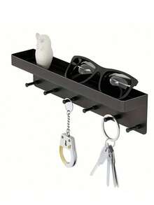 Punch-Free Kitchen Storage Rack, Bathroom Storage Rack, Behind-The-Door Keychain, Clothes Hanger, Small Item Storage Rack - Multi-Slot Entry Storage Rack, Suitable For Keys, Glasses And Small Items, Durable Plastic Black Smooth Surface, Easy Installation Modern Home Decoration, Non-Marking And Non-Damaging Wall Sticker