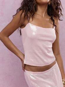 Women's Glitter Sequin Cami Tops Spaghetti Strap Camisole Sleeveless Party Clubwear Top - 粉色 - 查看 4