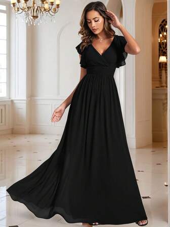 EVERPRETTY 秋季盖袖褶皱 V 领垂坠露背设计褶皱不对称裙雪纺黑色伴娘礼服新娘母亲婚礼礼服