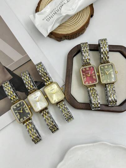 Women's Square Dial Watch With A Vintage, Simple, And Elegant Design, Featuring A Bi-Color Metal Strap; A High-End, Versatile, And Exquisite Timepiece.