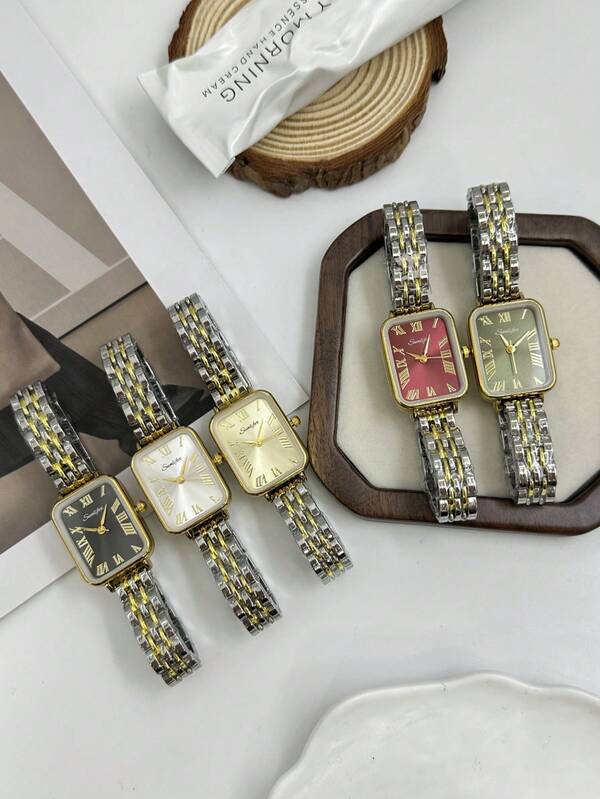 Women's Square Dial Watch With A Vintage, Simple, And Elegant Design, Featuring A Bi-Color Metal Strap; A High-End, Versatile, And Exquisite Timepiece.