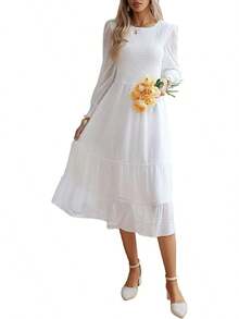 Vestido Informal para Mujer, Cuello Redondo, Manga Larga, Holgado, Color Liso, para otoño e Invierno - Blanco - Ver 13