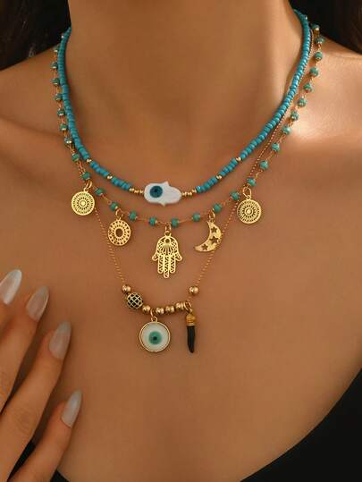 3pcs/Set Bohemian Style Fashion Necklace With Eye, Hand, Star, Moon, Sun Pendant Beaded Chain, Suitable For Women As Daily, Casual, Holiday Accessory