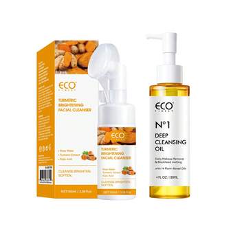 ECO FINEST 姜黄洁面乳和纯净卸妆油套装，用于面部日常清洁 - 卸妆洁面油，含 14 种植物油的温和洁面乳 | 姜黄亮肤洁面乳，深层清洁，保湿舒缓肌肤，丰富泡沫洁面乳，易于冲洗，120ml 和 100ml