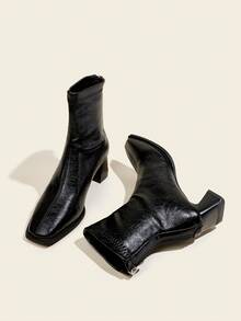 秋冬女士黑色踝靴，6厘米高跟，弹力修身靴，舒适时尚，粗跟设计 - 黑色 - 查看 3