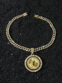 1pc Men's Hip Hop Style Fully Iced Out Rotating Religious Virgin Mary Pendant Necklace