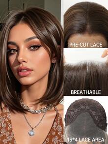 [Velvet Locks]New 13*4 Glueless Front Lace Wig 12 Inch Black Brown Short Straight Hair Wig Fashion Women No Bangs Pre-Trimmed Heat Resistant Synthetic Hair Soft And Smooth Suitable For Beginners Daily Wear, Y2K Style, Party, Cosplay, Dance, Travel, Festival - 咖啡棕 - 查看 2