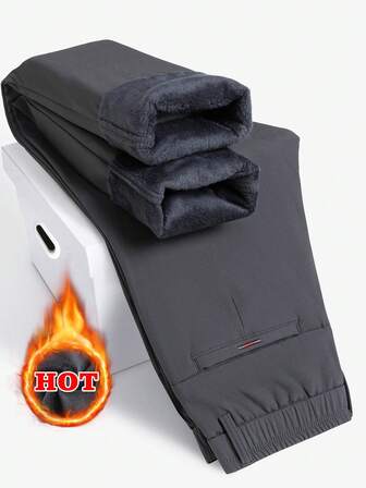 Herrbyxor med enfärgade fickor, raka, lösa vardagsbyxor, termofodrade, varma för höst/vinter