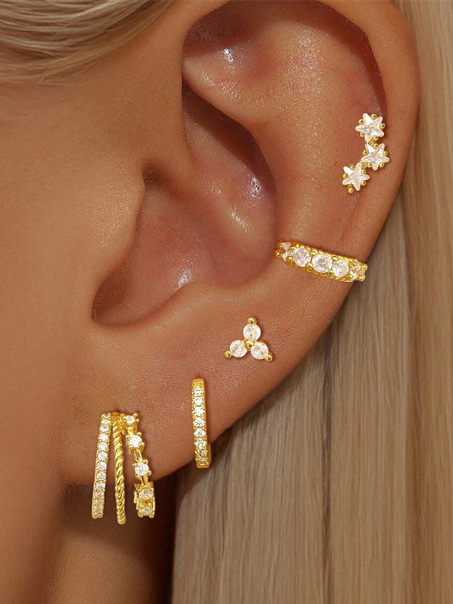 5 Stücke klassische 24 Karat vergoldete kubische Zirkonia Manschetten Ohrringe für Frauen, Zirkonia Creolen Ohrringe für Frauen, Stern Ohrstecker Set