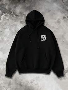 Plus Size Men's Fashionable Slogan English Graphic Casual Drawstring Pocket Hoodie Sweatshirt, Versatile For Daily, Streetwear, Outdoor Wear, Long Sleeve Top - 黑色 - 查看 3