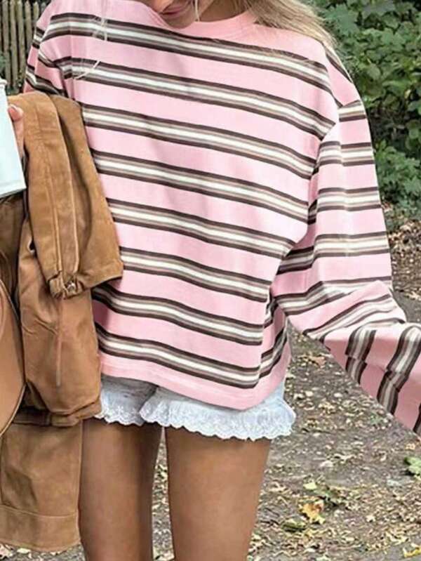 Nowy prążkowany luźny top w paski z okrągłym dekoltem, rozkloszowany T-shirt w paski z długim rękawem, uroczy niedzielny T-shirt, pastelowe stonowane paski, koszulka z grafiką na lotnisko, uroczy swobodny T-shirt, randka, wygodny, powrót do szkoły, Boże Narodzenie, jesień/zima