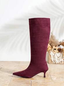 女士尖头中跟过膝长靴，套穿式，优雅派对西部风小猫跟，美丽优雅，适合通勤，合成纤维材质，秋冬季，酒红色鞋跟 - 酒紅色 - 查看 6