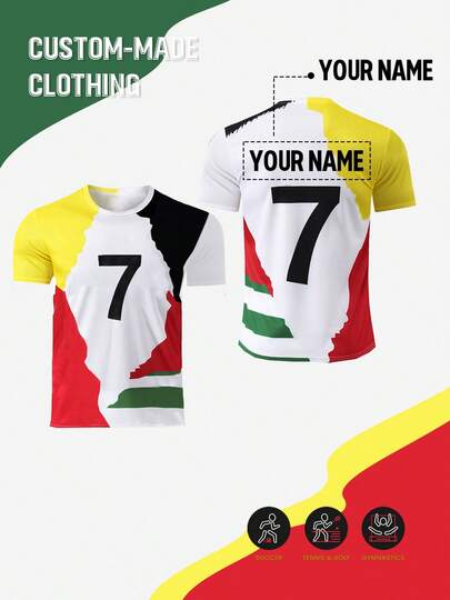 Customizable Children's New Football Jersey T-Shirt #7, Polyester & Spandex Crew Neck Top With Slight Stretch, Multicolor, Suitable For Football Parties, Weekends, Running, Yoga, Hiking - Spring/Summer, Autumn/Winter Sports Tops, Single T-Shirt Suitable For Outdoor Activities