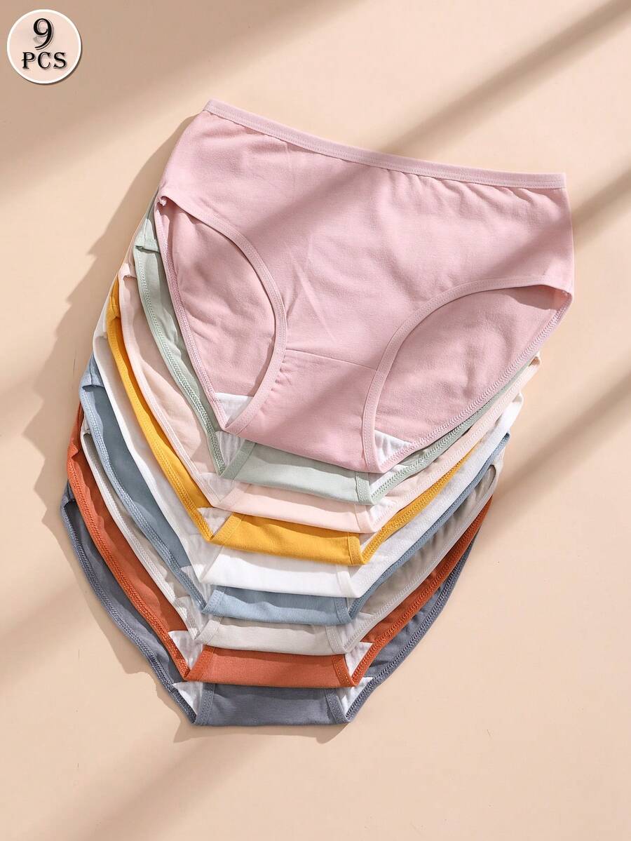 9PCS Hot Ladies Plain Cotton Briefs Panties Sexy Women Plus Size No Show Stretch Breathable Underwear Daily Sports Soft Underpants - 彩色 - 查看 1