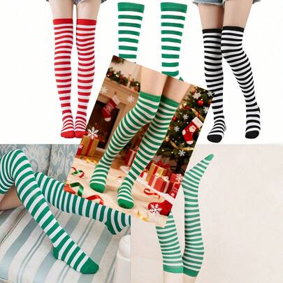 1 Paar Damen Weihnachts fein gestreifte Overknee-Socken, grün & weiß gestreifte Kniestrümpfe, geeignet für Bühnenauftritte, Cosplay, Weihnachtspartys, Veranstaltungen, Hochzeitsoutfit, winterwarme Strümpfe, Y2k
