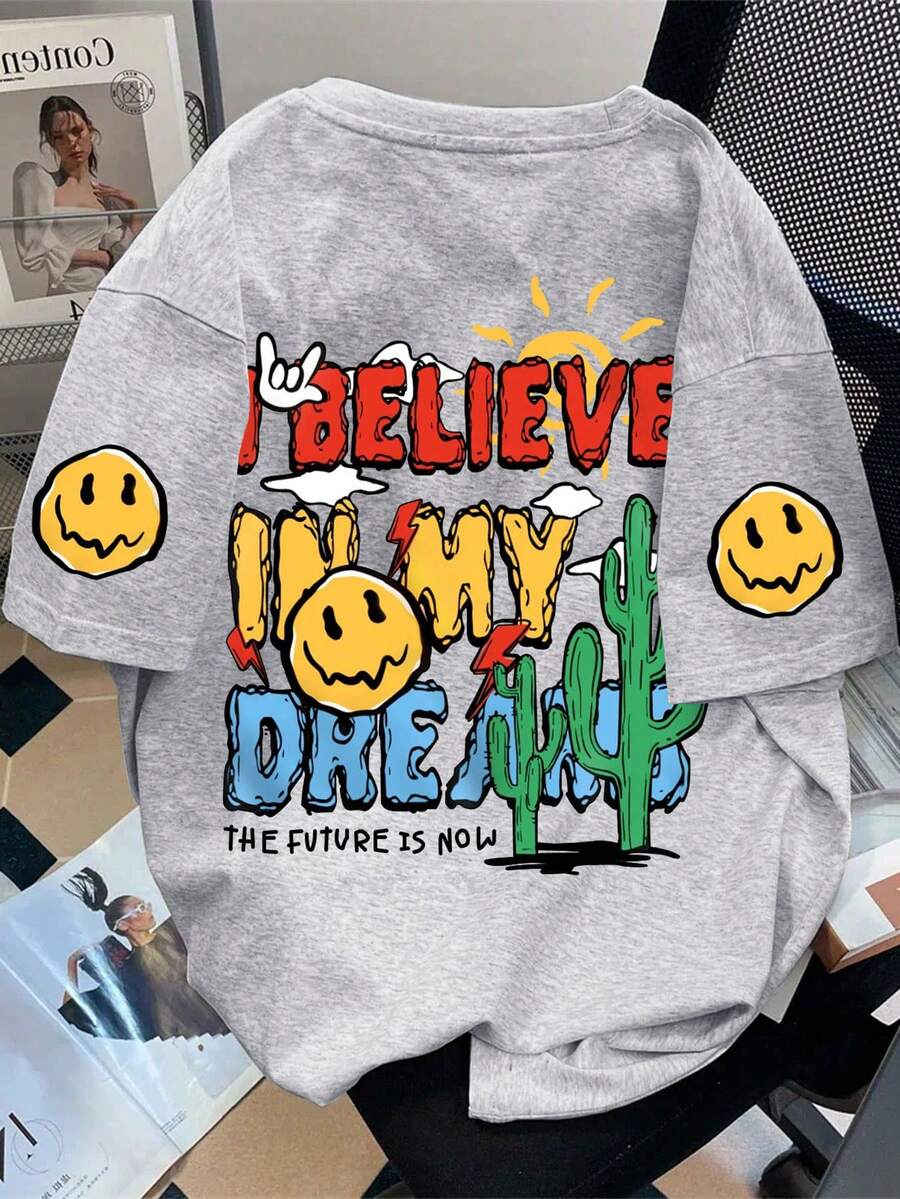 Camiseta de cuello redondo con estampado de expresión y eslogan de dibujos animados para niño preadolescente, camiseta casual de verano suave para niña - Gris - Ver 1