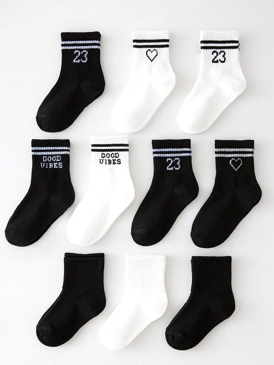 20/10/5/1 Paia di calzini sportivi per bambini, calzini classici in bianco e nero per bambini con cuori, motivi con numeri in inglese, morbidi, traspiranti, alla moda, calzini a metà polpaccio, adatti per il ritorno a scuola, vacanze, sport all'aperto, viaggi, abbinamento quotidiano, consegna a colori casuali - Multicolore - Visualizzare 1