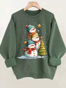 2025 New Women's Sweatshirt Christmas Sweater For Women - Loose Sweater With Snowman Design, Festive Green Sweater For Christmas Party, Family Gathering, Winter Clothing For Everyday Wear - Casual And Cozy Festive Top, Christmas Clothing, Clothing For Festive Parties, Festive Design Loose And Comfortable - 橄欖綠 - 查看 1