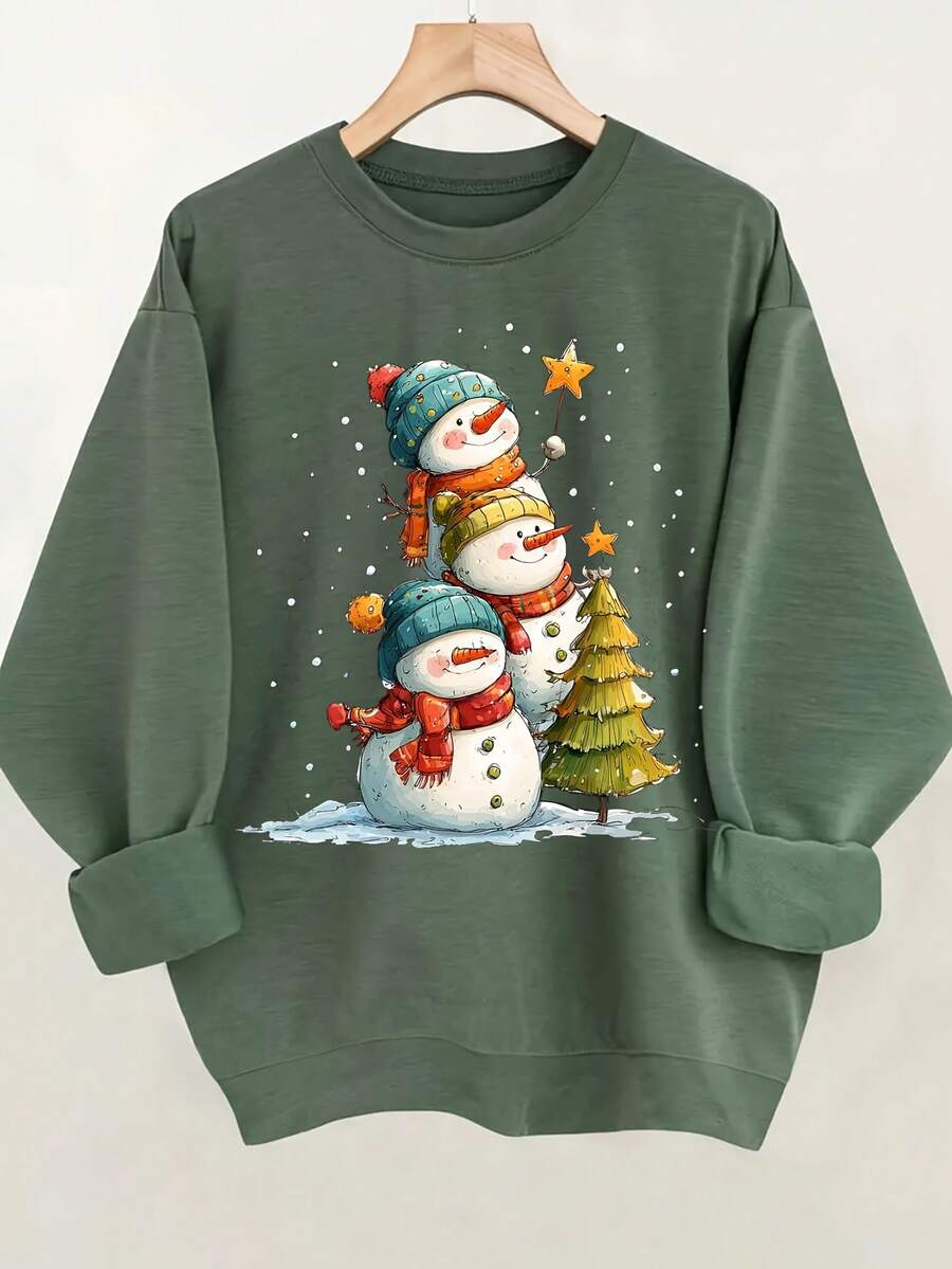 2025 New Women's Sweatshirt Christmas Sweater For Women - Loose Sweater With Snowman Design, Festive Green Sweater For Christmas Party, Family Gathering, Winter Clothing For Everyday Wear - Casual And Cozy Festive Top, Christmas Clothing, Clothing For Festive Parties, Festive Design Loose And Comfortable - 橄欖綠 - 查看 1