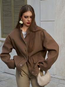 Große Größen Jacke für Damen, modisch minimalistisch schlankmachend, locker sitzend mit Baseball-Kragen, Wollmischung gefüttert, vielseitig für den täglichen Gebrauch, Frühling Herbst Winter - Kaffeebraun - Übersicht 2